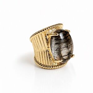 Gold Wide Band Ring with Smoky Gray Cabochon
